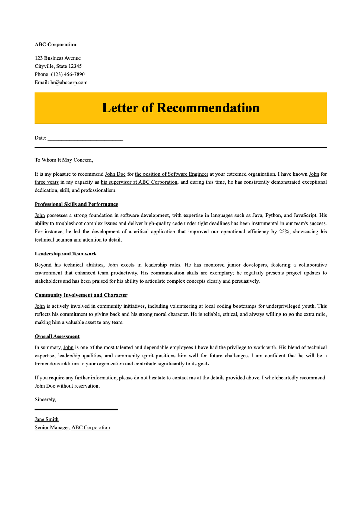 Fillable letter of recommendation template with orange header_variant_3